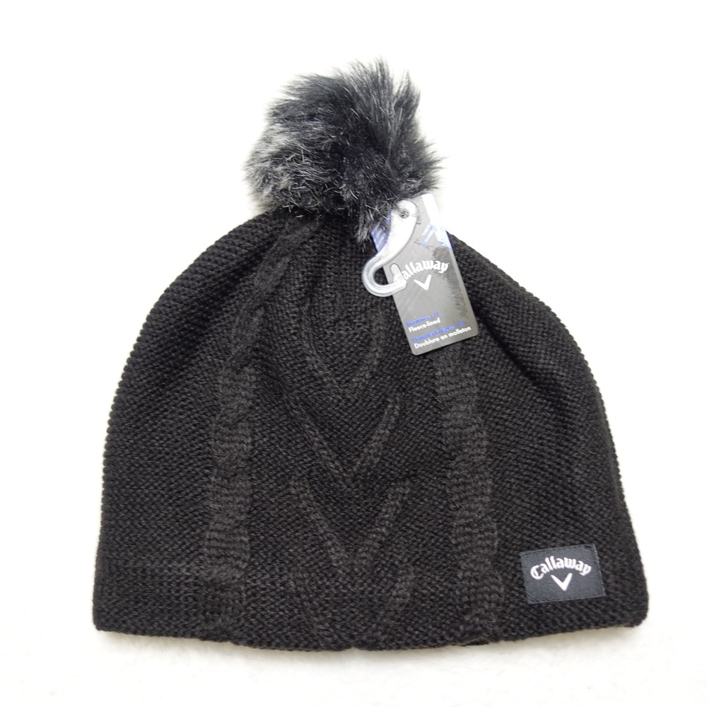Callaway Pom Pom Beanie Womens OSFM Black Fleece Lined Cable Knit Golf Hat